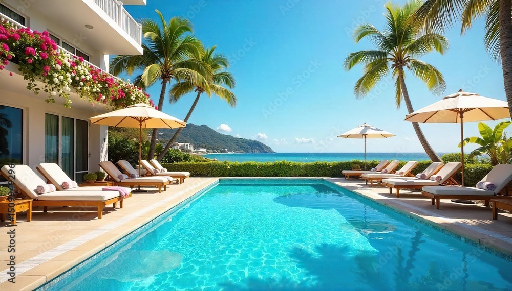 Fototapeta premium Sun-drenched hotel poolside, inviting lounge chairs, vibrant flowers, clear blue sky Perfect for summer vacation escapes and travel promotions , water, refreshment, hotel