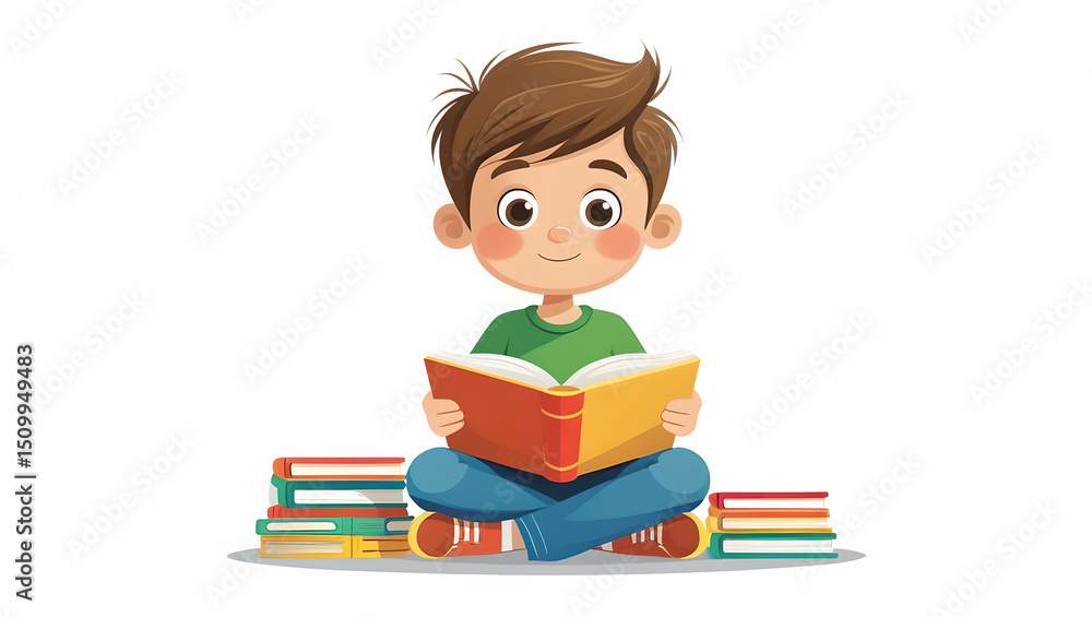 Happy Boy Reading Book, Colorful Cartoon Illustration Happy Boy Reading Book, Colorful Cartoon Illustration