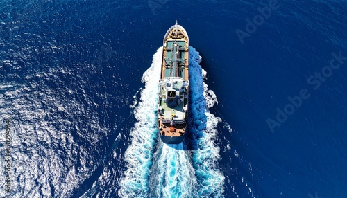 High resolution drone photo of a large ship moving on a calm sea, artistic composition from above, vivid blue water