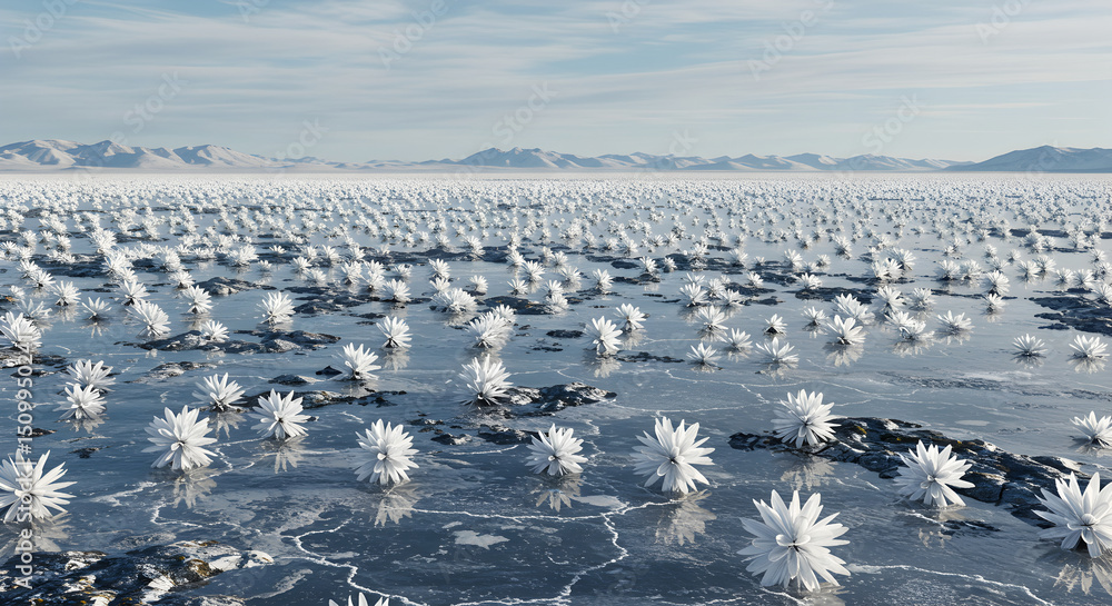 Fototapeta premium Endless Field Of Frost Flowers With Mountains Landscape In The Distance