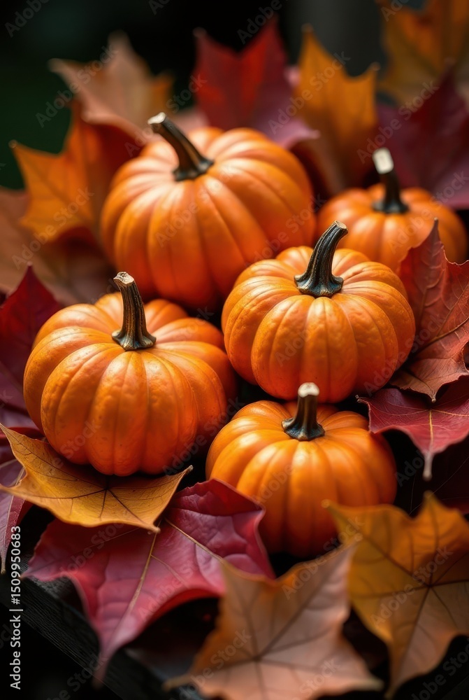 Autumn Harvest A Cluster of Small Pumpkins Nestled Amongst Vibrant Fall Leaves Autumn Harvest A Cluster of Small Pumpkins Nestled Amongst Vibrant Fall Leaves