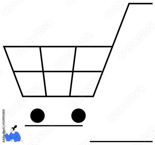 Oversized shopping cart frame dominates composition small figure in corner holding checklist design element. Ideal for retail, e-commerce, consumer behavior, decision-making, logistics, organization