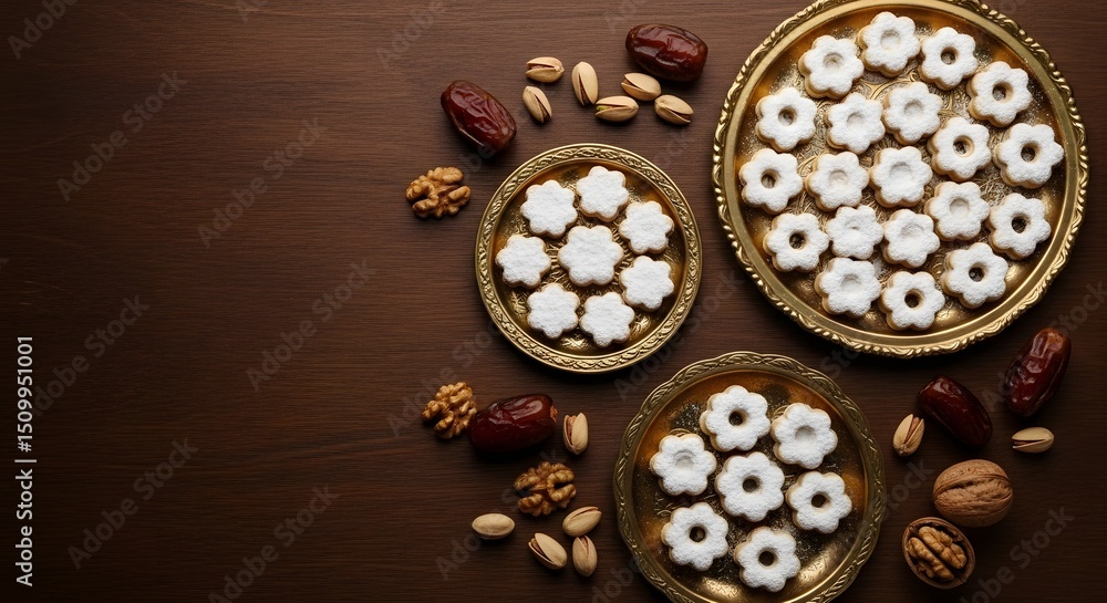 Delicious flower-shaped cookies arranged on ornate golden trays alongside dates, pistachios, and walnuts a perfect festive treat Delicious flower-shaped cookies arranged on ornate golden trays alongside dates, pistachios, and walnuts a perfect festive treat