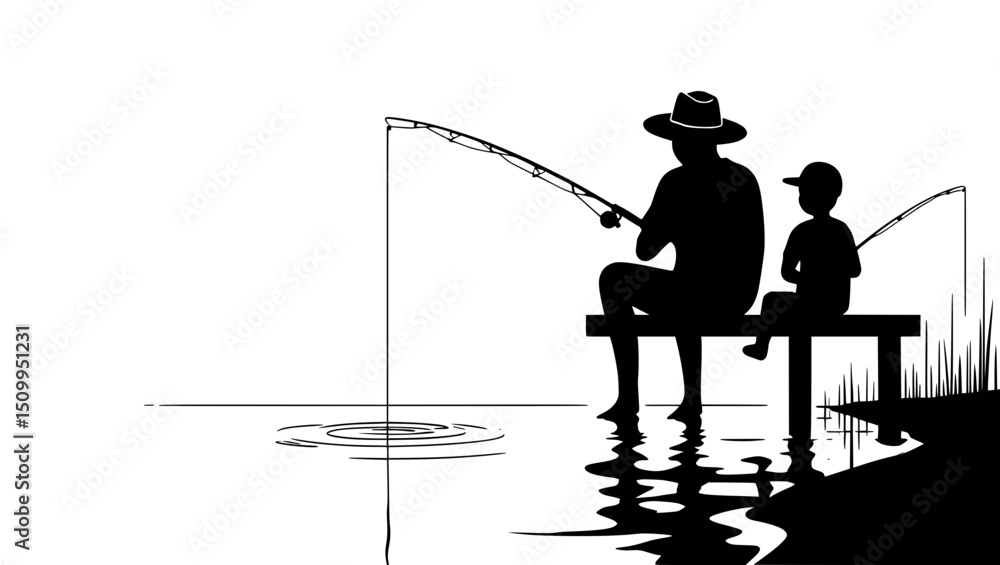 Obraz premium Father and Son Fishing Silhouette at Lakeside