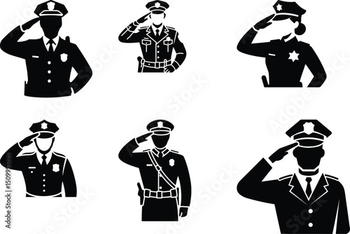 Police Officer Saluting Silhouette Set – Honor & Duty Vector Pack Saluting Cop Silhouette Collection – Law Enforcement Icon Bundle