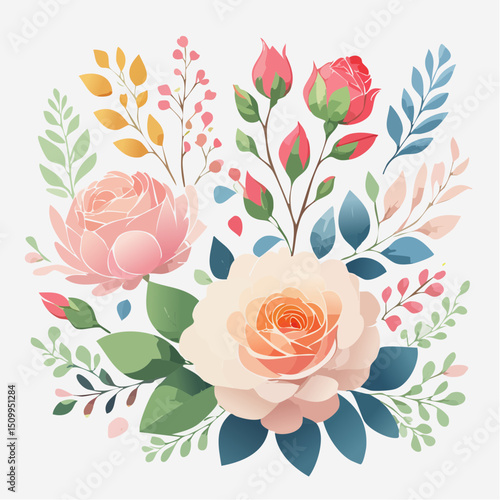 A soft botanical vector set with pastel watercolor flowers, leaves, and buds. Perfect for wedding designs, invitations, and feminine branding.