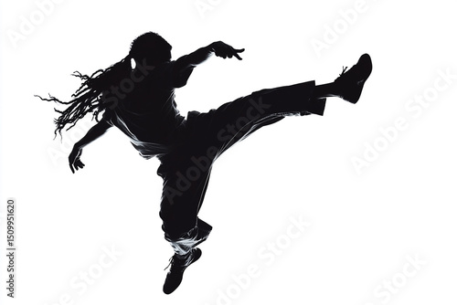 Capoeira dancer mid-acrobatic kick silhouette