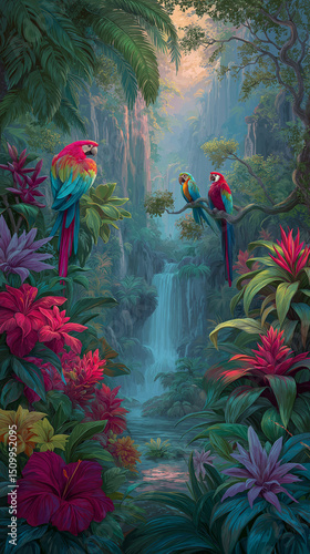 Tropical Jungle Scene with Waterfall and Colorful Birds