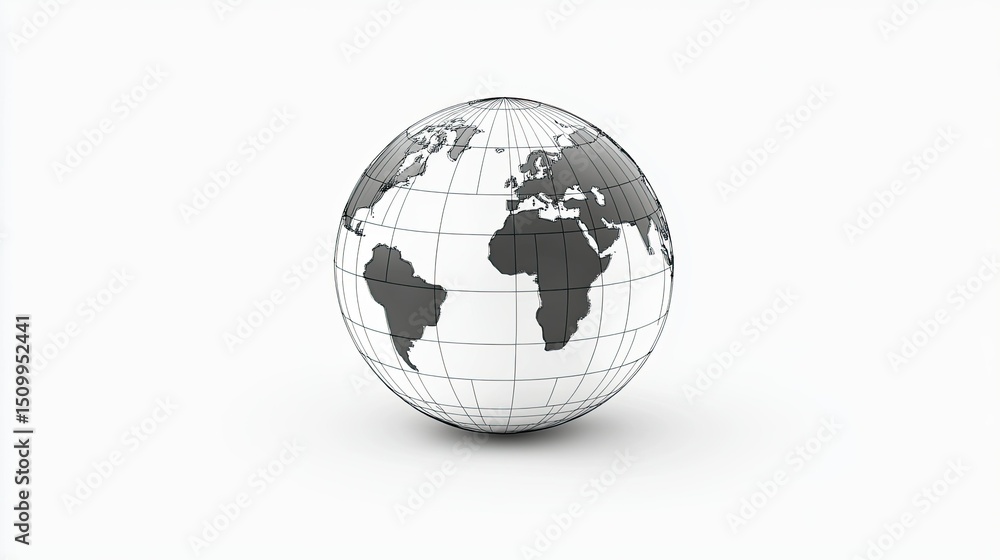 3D model of a globe with a monochrome design featuring outlines of continents and latitude lines against a plain white background 3D model of a globe with a monochrome design featuring outlines of continents and latitude lines against a plain white background