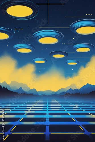 Lemon yellow and twilight blue synth mist Retro Synthwave background for card or greeting template banner backdrop
