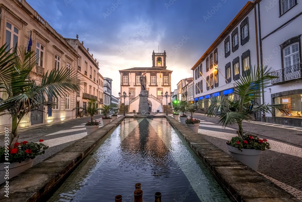 Fototapeta premium Ponta Delgada - Azores - 02-12-2025: Ponta Delgada City Hall, Azores, Portugal. Ponta Delgada city hall with bell tower in the capital of the Azores. Portugal, Sao Miguel