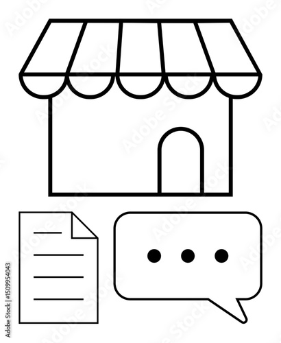 Storefront with an awning, document page, and chat bubble conveying interaction, retail, and messaging. Ideal for small business, communication, sales, e-commerce organization customer service