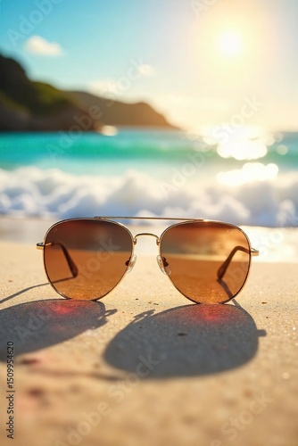 Wallpaper Mural Stylish sunglasses resting on a vibrant summer beach scene, reflecting the bright sun and ocean Perfect for travel, vacation, and summer fashion imagery , waves, summer vibes Torontodigital.ca