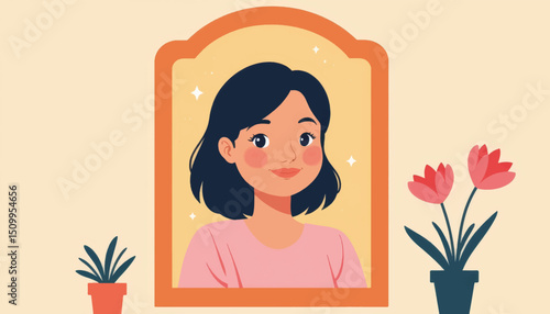Smiling plus-size girl admiring herself in mirror, self-love concept