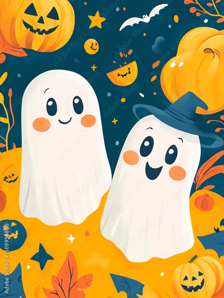 Obraz premium a cute and funny Halloween-themed design. In the center of the design, feature two adorable ghosts with happy and playful expressions.