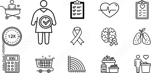 Health and Wellness Line Icons Set Including Heart, Nutrition, Fitness, Checklist, Brain, Lungs, Shopping, Awareness Ribbon, and Care