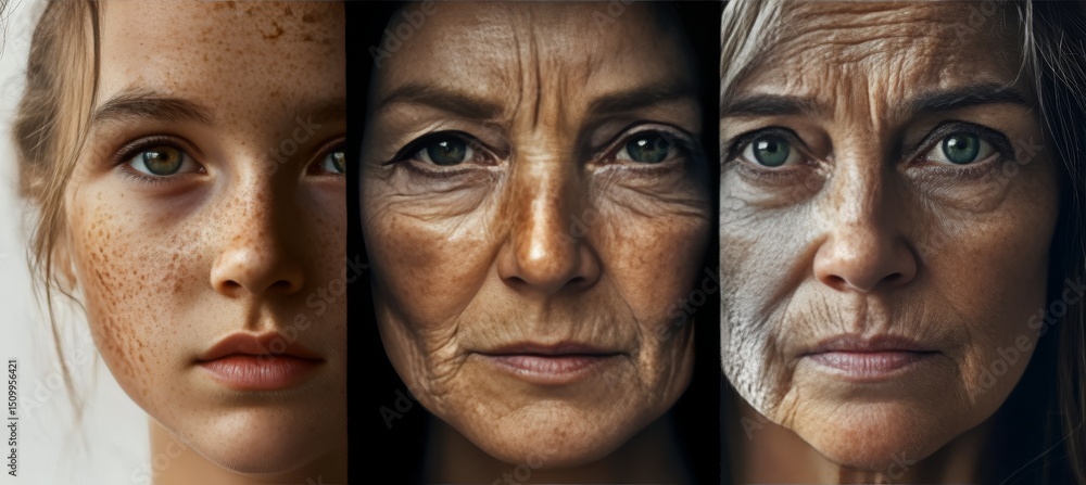Obraz premium Triptych Of A Woman s Face At Different Ages, Showcasing Aging From Young Skin To Senior Years.