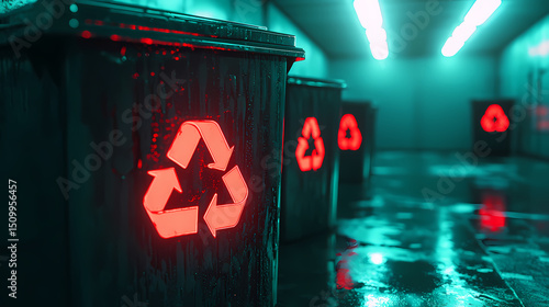 Wallpaper Mural Recycling bins with glowing recycle symbols in a wet, neon-lit hallway, highlighting environmental awareness and waste management. Torontodigital.ca