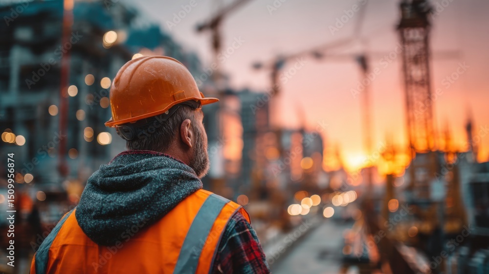 Construction worker overseeing project at sunset urban environment photography industrial scene professional view Construction worker overseeing project at sunset urban environment photography industrial scene professional view