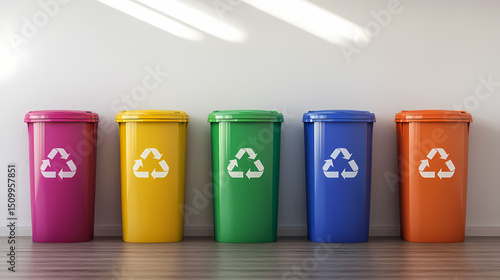 Wallpaper Mural Five colorful recycling bins lined up against a wall, each with a recycling symbol, representing organized waste separation. Torontodigital.ca