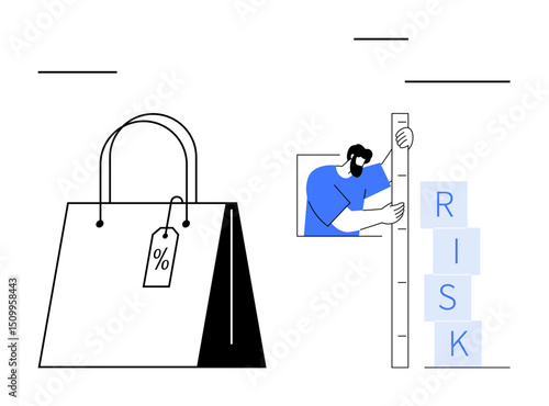 Shopping bag with percentage discount tag beside a person measuring stacked blocks labeled RISK. Ideal for retail analytics, business strategy, risk management, sales optimization, market research