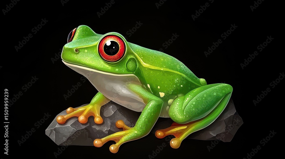 Obraz premium Pixel Art Green Tree Frog with Red Eyes on Dark Rock
