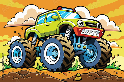 Cartoon Monster Truck with Big Tires and Goofy Expression
