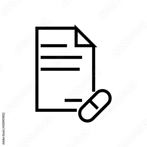 Medical document and prescription icon, featuring a paper file with a medicine capsule. Ideal for healthcare records, patient information, and treatment plans