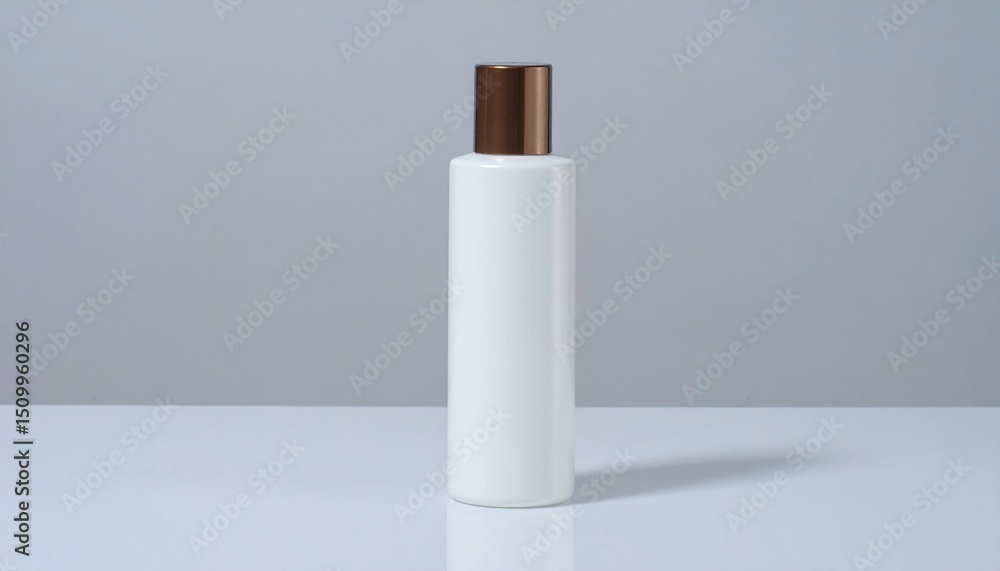 Minimalist White Cosmetic Bottle with Copper Cap on Glossy Surface – Skincare Product Mockup Minimalist White Cosmetic Bottle with Copper Cap on Glossy Surface – Skincare Product Mockup