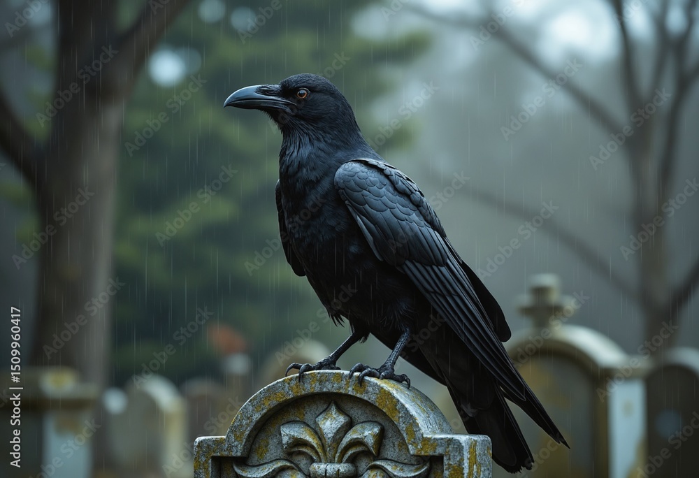 Naklejka premium Gothic Raven Perched on Weathered Tombstone in Rainy Cemetery Scene