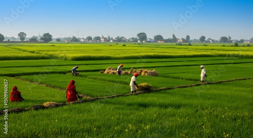 Wallpaper Mural Vibrant Green Rice Paddy Fields with Farmers Harvesting A Stunning Rural Landscape in India Torontodigital.ca
