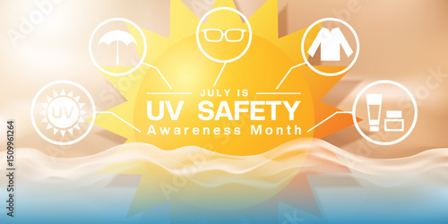 July Is National Uv Safety Awareness Month. Sun, water, light and more. Great for posters, banners and social media. Dark background.