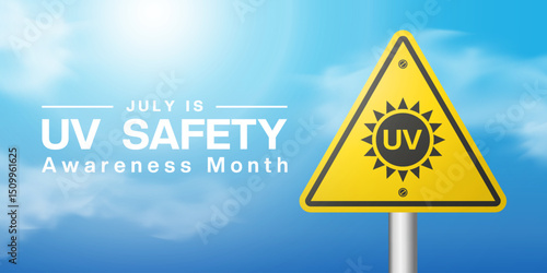 July Is National Uv Safety Awareness Month. Sun, sign and cloud. Great for posters, banners and social media. Blue sky background.