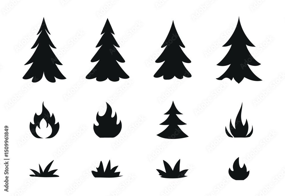 Obraz premium A set of camping collection on white background, tree, fire, grass 