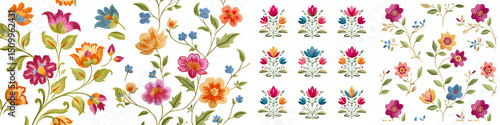 Wallpaper Mural Vibrant, intricate floral designs featuring colorful blossoms, lush green leaves, and classic decorative styles suitable for textile design, wallpapers, and artistic projects. Torontodigital.ca