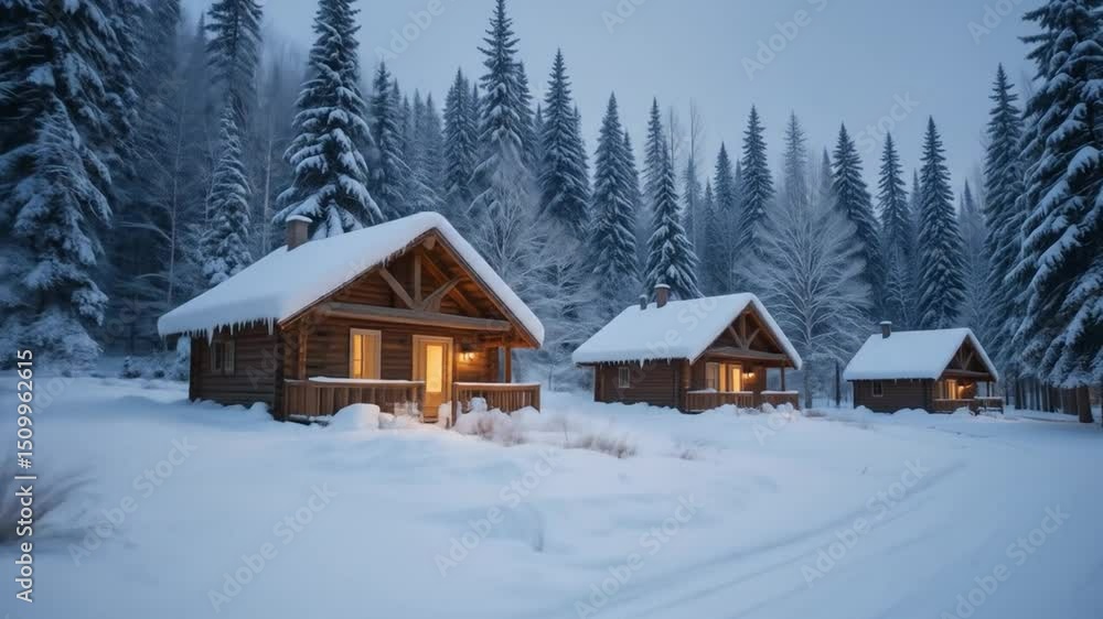 Snow covered cabin in winter forest at night. 4k video Snow covered cabin in winter forest at night. 4k video