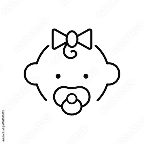 Baby girl with pacifiers line icon. Simple outline style. Infant face with pacifier and small curl. Ideal for childcare, newborn products.