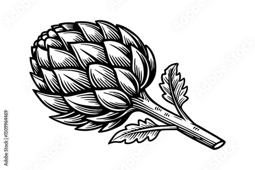 Engraved artichoke illustration with stem and leaves