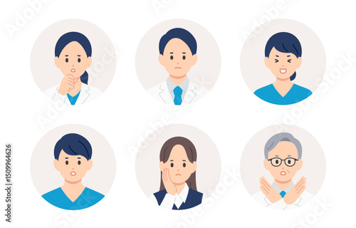 ネガティブな医者･看護師･医療事務の男女顔アイコンセット【人物ベクターイラスト素材】