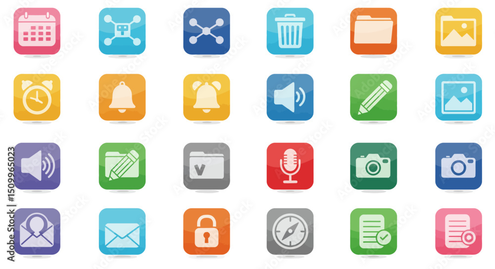 rounded square icons represent various common digital functions and objects rounded square icons represent various common digital functions and objects