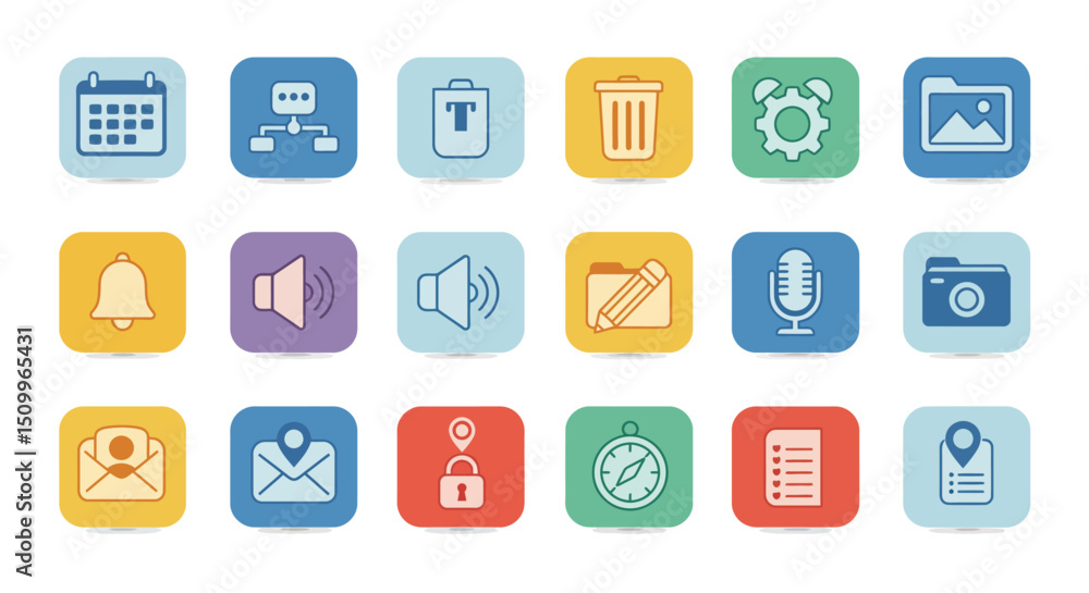 rounded square icons represent various common digital functions and objects rounded square icons represent various common digital functions and objects