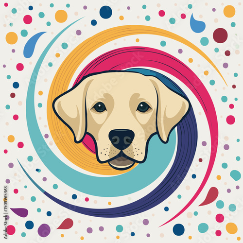Labrador Retriever in a Whimsical Scene with Vibrant Swirl Motions All Around.
