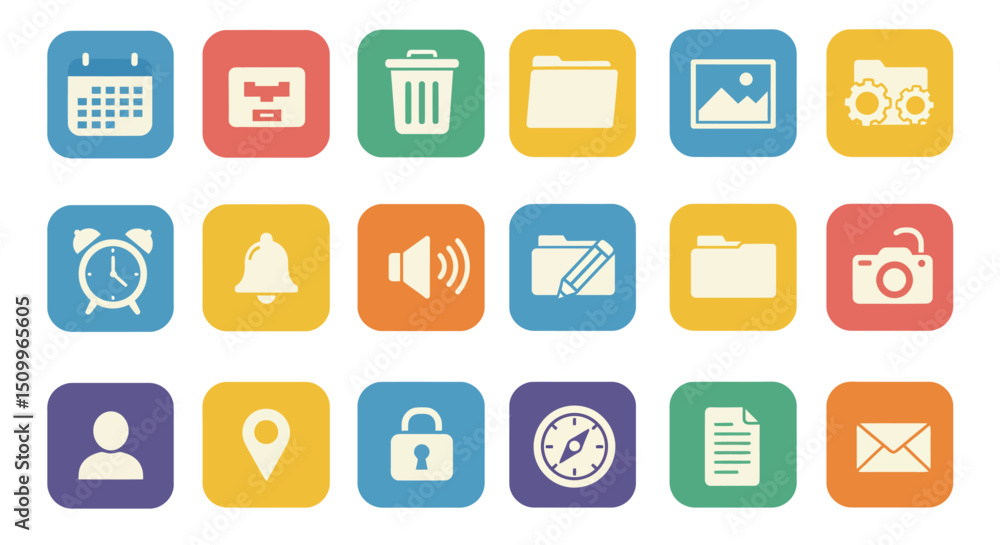 rounded square icons represent various common digital functions and objects rounded square icons represent various common digital functions and objects