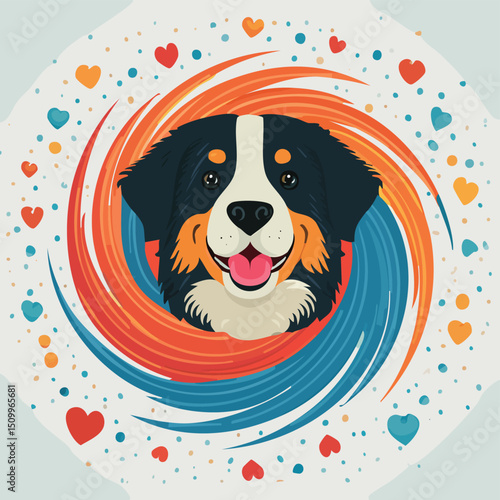 Bernese Mountain Dog in a Whimsical Scene with Vibrant Swirl Motions All Around.
