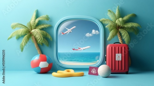 Airplane window view shows coconut trees and sea, with luggage, passport, floaties, and a ball beside it--3D vector for summer travel on a blue background. 