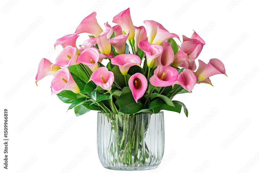 Obraz premium Pink calla lilies bouquet in glass vase isolated on a transparent background