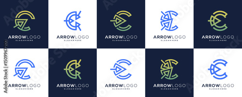 Set Collections of Letter C Initial with Right Arrow Target Point, Logo Design Inspirations. Abstract Vector of Business or Marketing Strategy Concept.