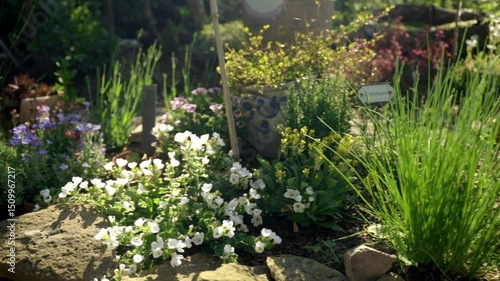 Many small colorful flowers and herbs in a loving garden with morning sunlight from behind