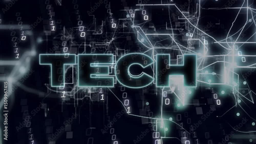 Network lines lighting shapes merging, bit streams falling, TECH text forming for digital theme Network lines lighting shapes merging, bit streams falling, TECH text forming for digital theme