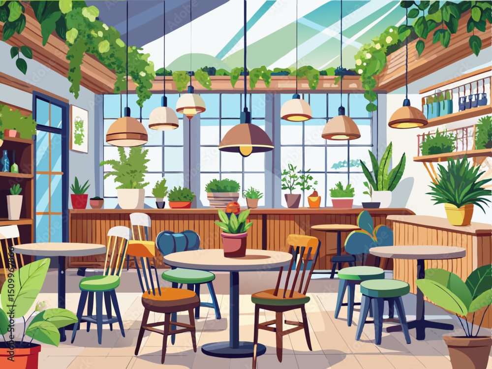 Fototapeta premium A detailed vector of a cozy café interior with wooden table, chairs, and indoor plants, isolated on white